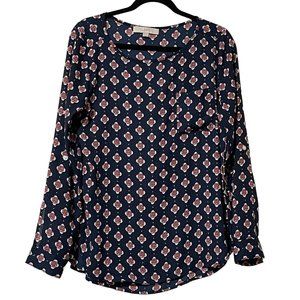 Ann Taylor LOFT women's size M navy blue floral roll tab long sleeve top